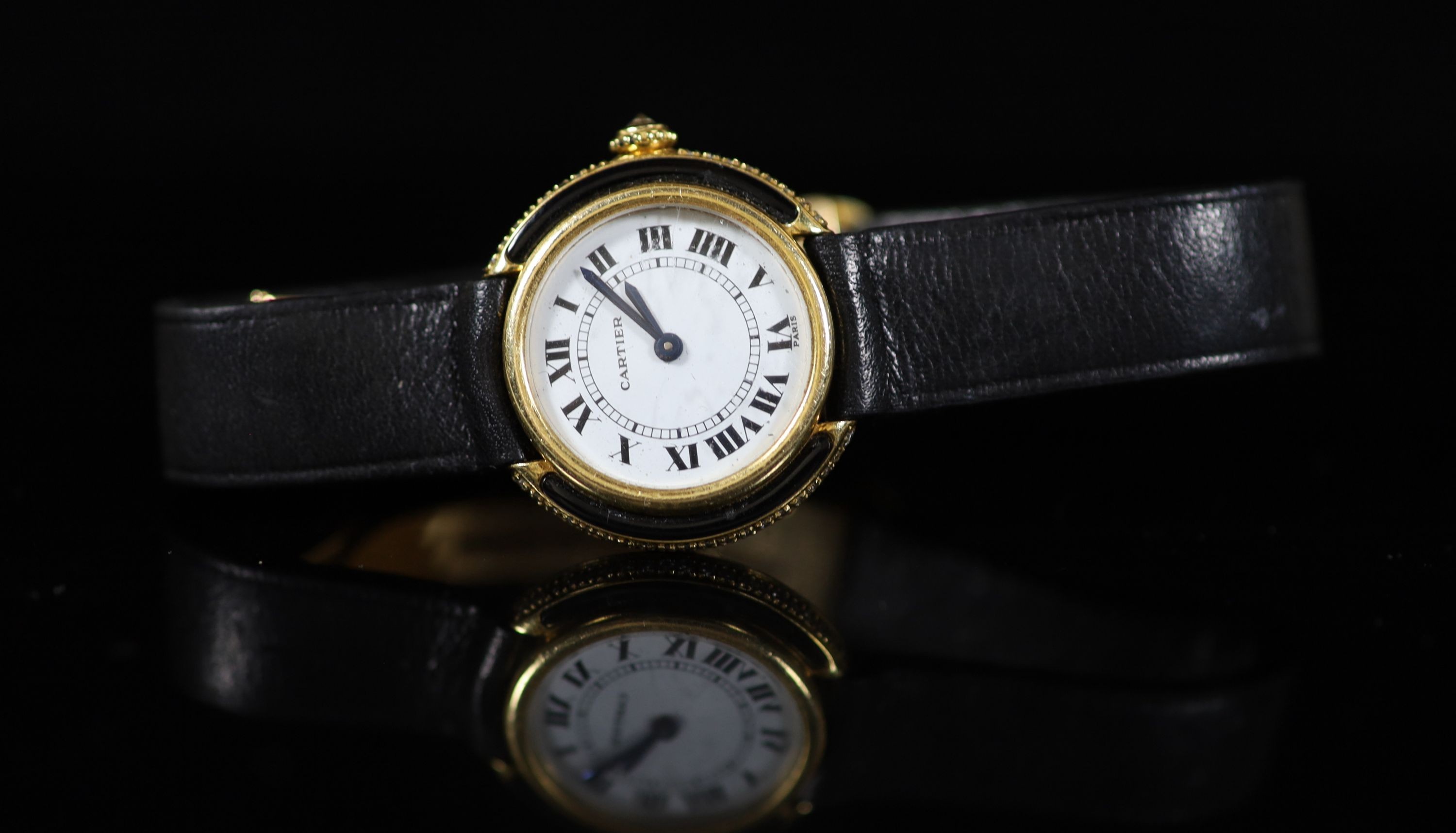 A lady's Cartier Vendome 18ct gold, black enamel and diamond set manual wind wrist watch